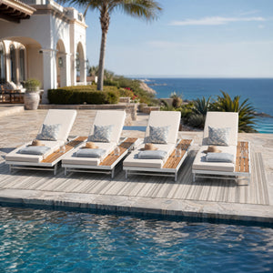 White Iron and Teak Finish Chaise Lounge Set with Cream Cushion