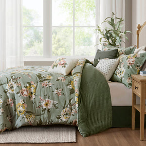 7-Piece Queen Vin Floral Comforter Set, Green