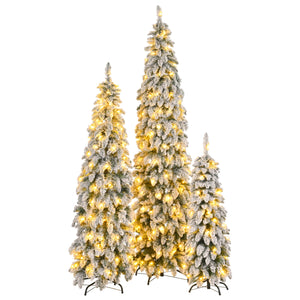 Pre-Lit Pencil Christmas Tree 3-Set, 4ft/6ft/8ft, Snow-Flocked, 290 LED Lights, White and Green