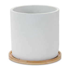 White Stone Planter with Wood Plate (Set of 2)