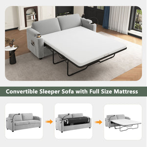 Sleeper Sofa Loveseat Sofa With Full Size Mattress, 2 USB Ports, 2 Cup Holders, 2 Side Pockets And Phone Holder