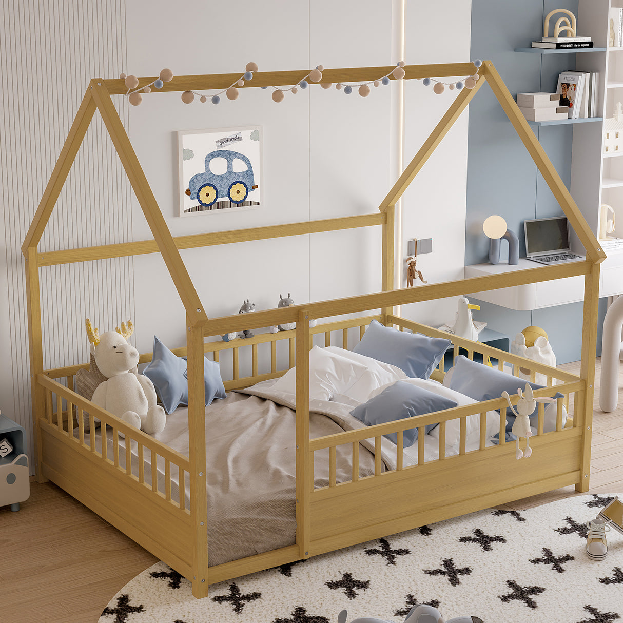 Full Size Wooden Bed with House Roof Frame