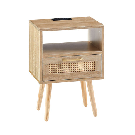 15.75" Rattan End Table With Power Outlet & USB Ports, Modern Nightstand With Drawer And Solid Wood Legs, Side Table For Living Room, Bedroom