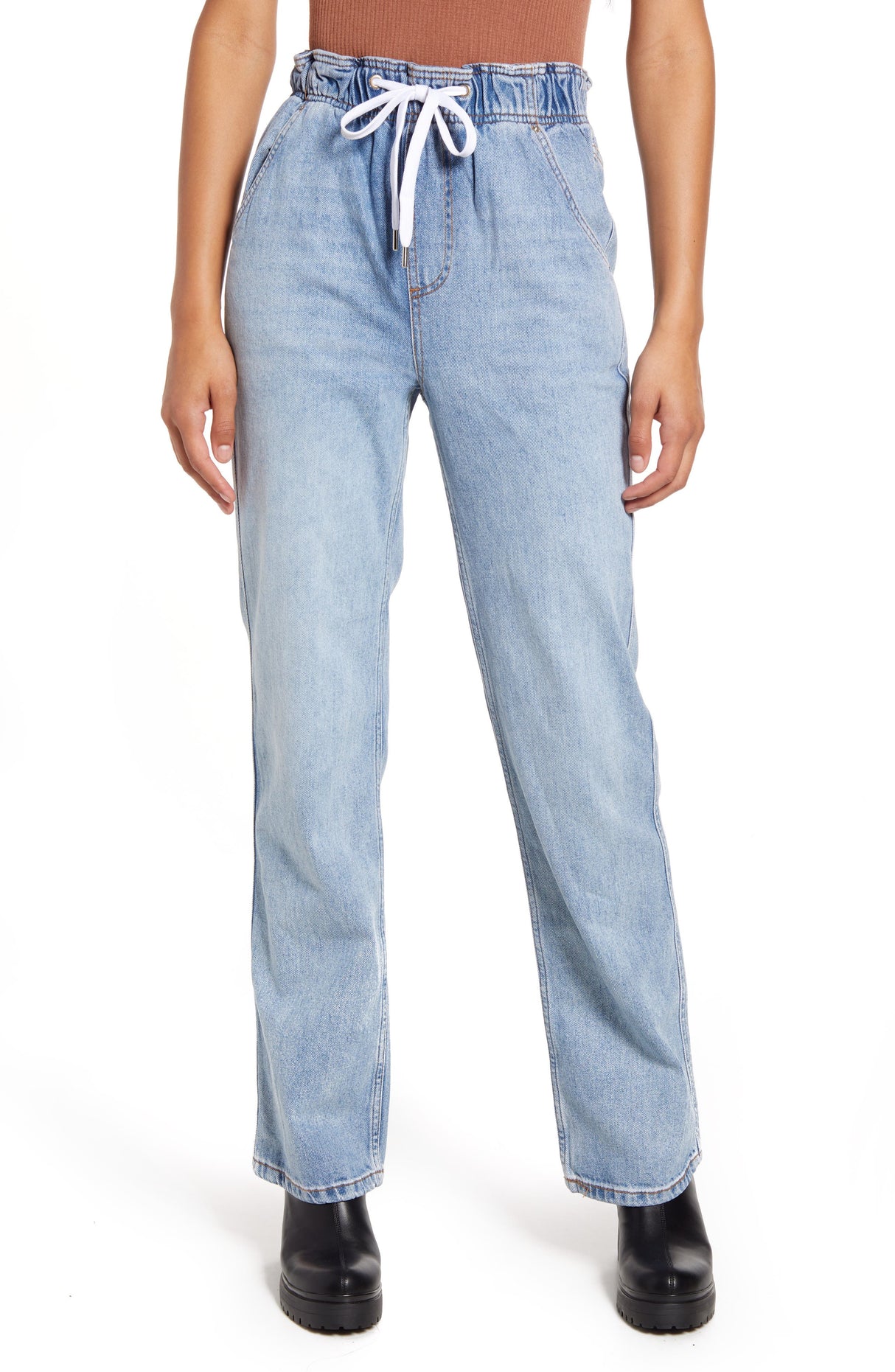 Topshop Women's High Waist Straight Leg Drawstring Jeans
