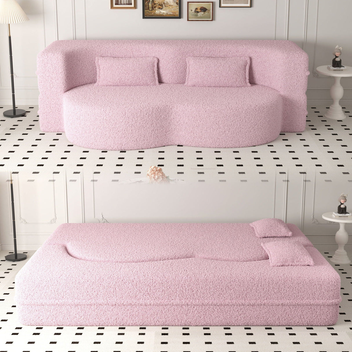 Modern Floor Sofa With 2 Pillows Convertible Teddy Fabric Foam Filled Bed