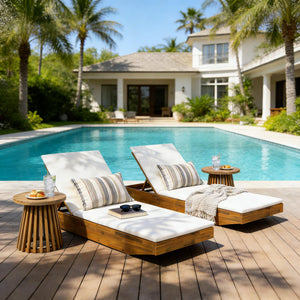 Acacia Wood Chaise Lounge with 2-Fold Thin Cushion - Teak Finish