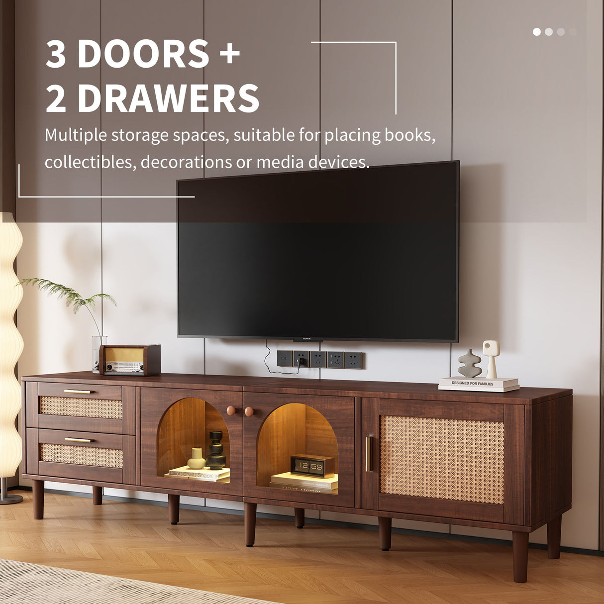 TV Stand With 3 Cabinets & 2 Drawers, LED Light Media Console For TVs Up To 80" - Dark Brown