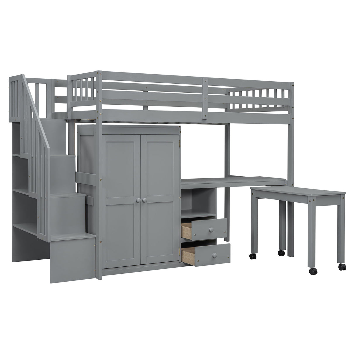 Loft Bed With Stairs, Bookshelf, Drawers, Desk & Wardrobe, Space Saving Multifunctional Furniture