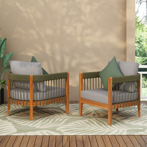[Set of 2] Acacia Wood Outdoor Club Chair with Rope Accents