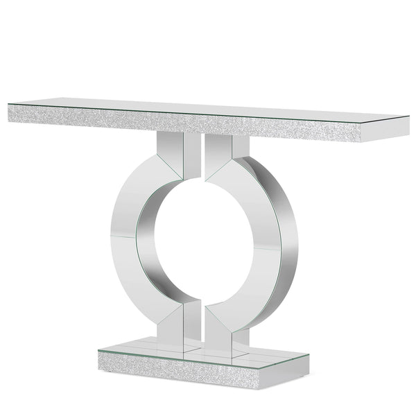 Mirrored Console Table With O-Shaped Base For Living Hallway - Silver / Clear