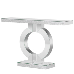 Mirrored Console Table With O-Shaped Base For Living Hallway - Silver / Clear