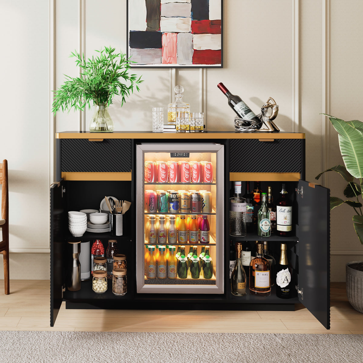 60-Inch Buffet Sideboard with Faux Marble Top, Fluted Cabinet, Mini Fridge Nook, Black