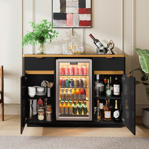 60-Inch Buffet Sideboard with Faux Marble Top, Fluted Cabinet, Mini Fridge Nook, Black
