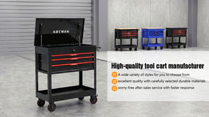 3 Drawers Multifunctional Tool Cart with Wheels and Steel Top - Black & Red