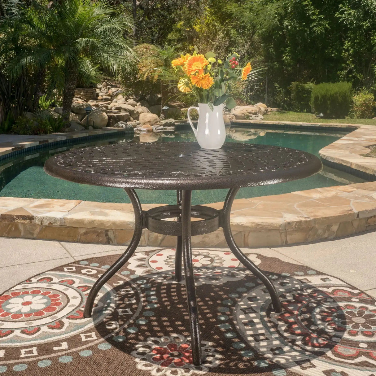 Tranquilius - Outdoor Round Dining Table With Lattice Tabletop, Umbrella Hole And Curved Legs - Best Buy Furniture