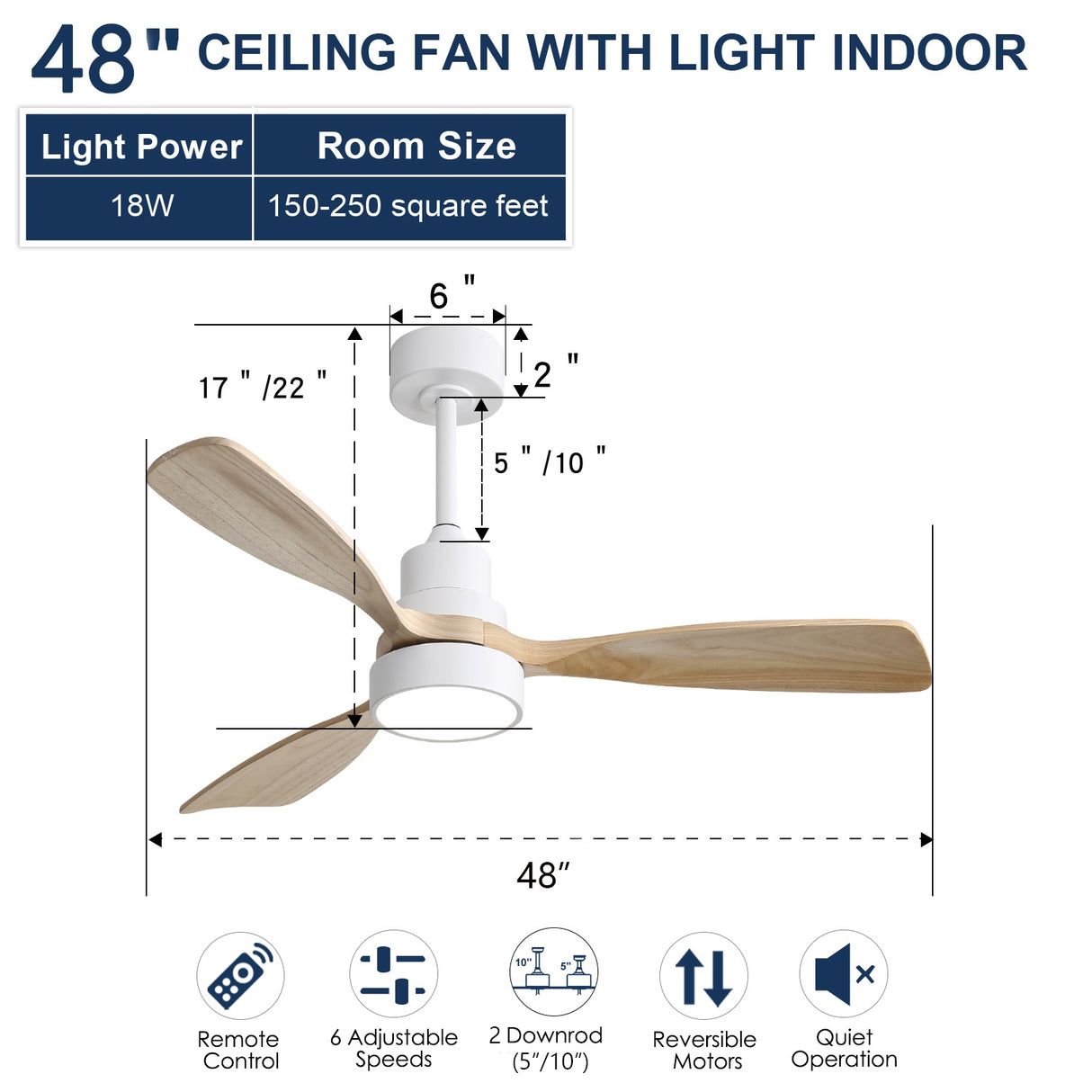 48 Inch Indoor Ceiling Fan with Light and Remote Control