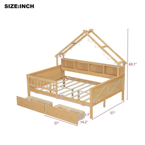 House Style Platform Bed With LED Lights, Storage Shelves, Drawers, And Guardrail