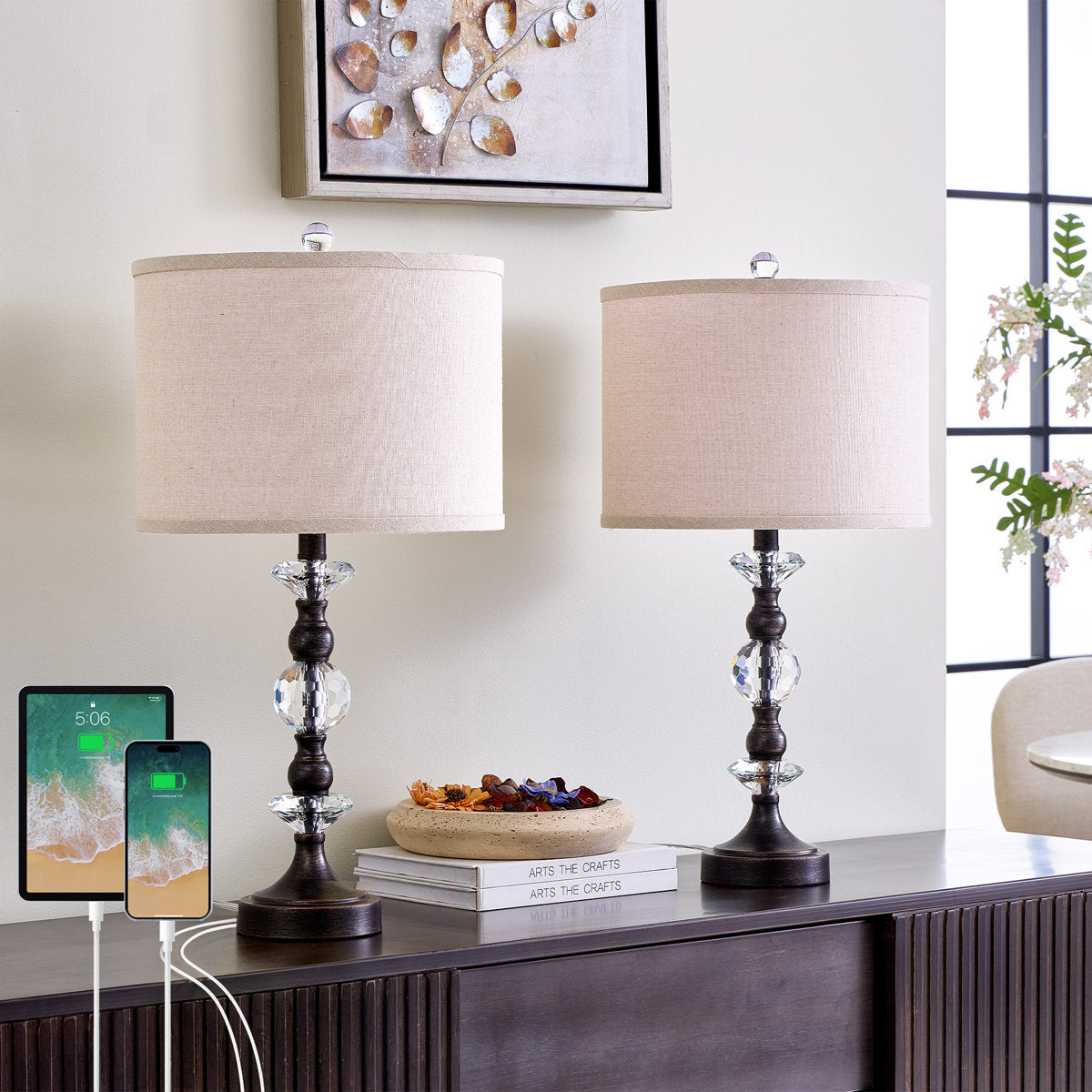 Crystal Table Lamp with 3-Way Dimmable Light and USB Type-C Ports, Set of 2, Antique Bronze