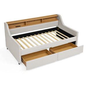 Twin Upholstered Sofa Bed With LED Lights, Storage Drawers, Adjustable Headboard & Wireless Charging - Beige