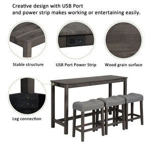 4 Piece Bar Table Set With Power Outlet, 3 Padded Stools