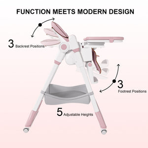 Adjustable Baby High Chair 0-6 Years – Portable Infant Feeding Seat (Pink)