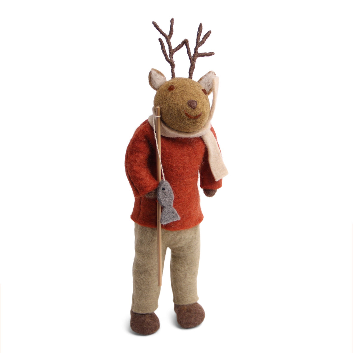Felt Figurine - Reindeer with Fishing Pole (Brown) - Large