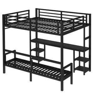 Queen Over Twin XL Metal Bunk Bed with Desk and Shelves