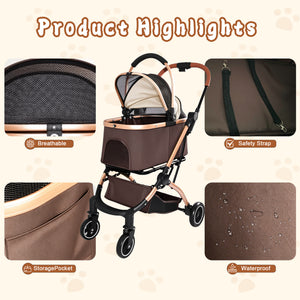 Pet Stroller for Dogs and Cats, 2-in-1 Detachable Foldable With Sun Canopy