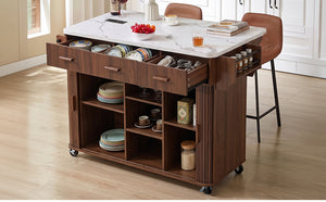 K&K 53.6" Kitchen Island with Drop Leaf, Rolling Cart, Power Outlet, Walnut Brown