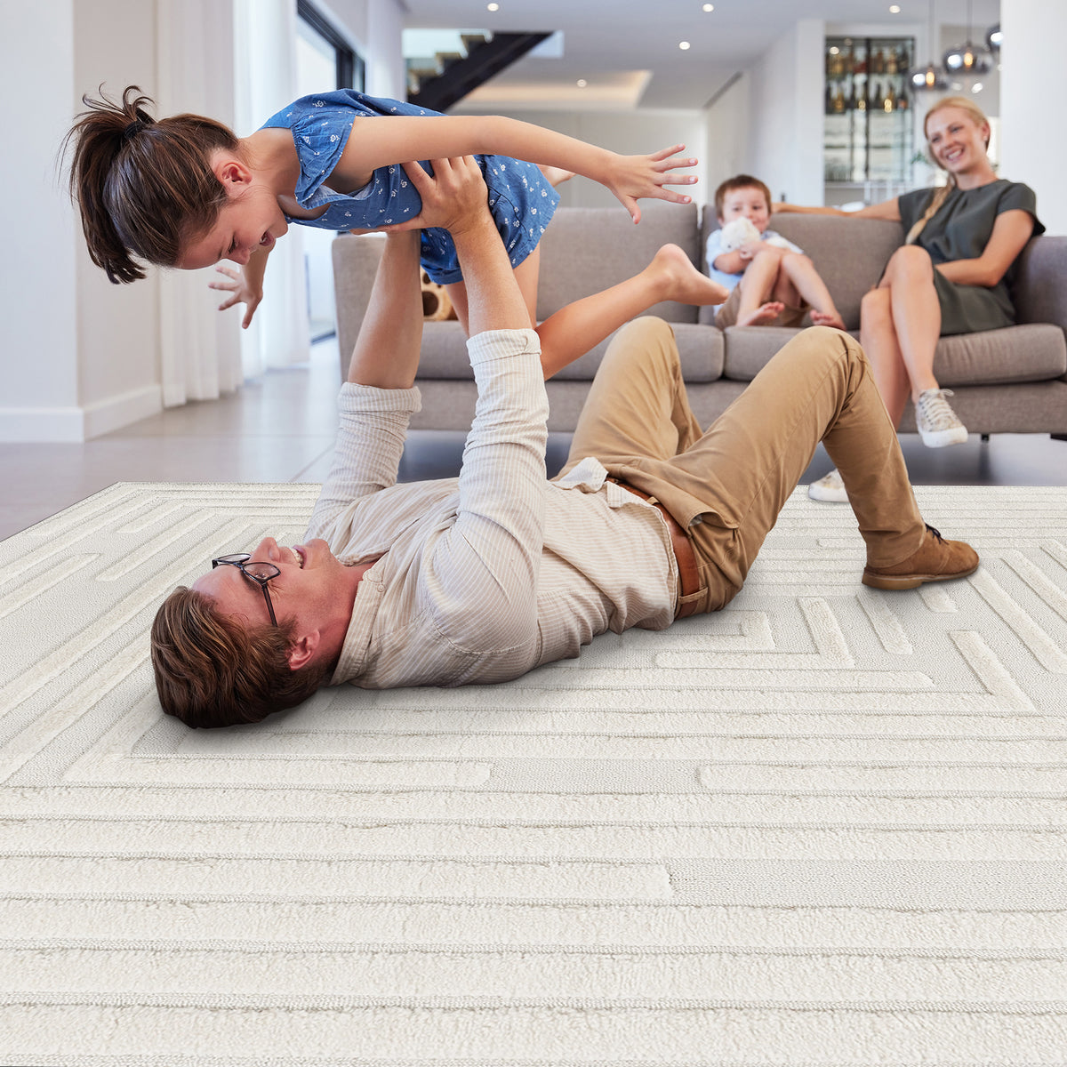 High-Low Striped Area Rug with Contemporary Geometric Design - Cream