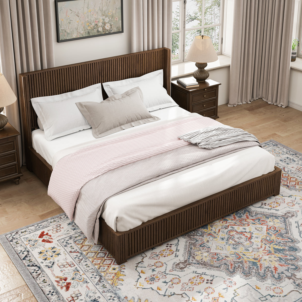 Solid Wood Platform Bed Frame with Headboard, King Size, Walnut