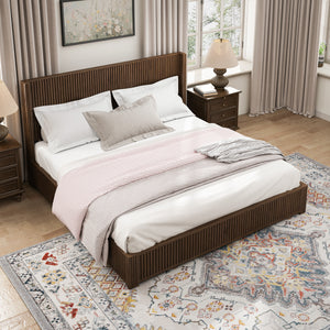 Solid Wood Platform Bed Frame with Headboard, King Size, Walnut
