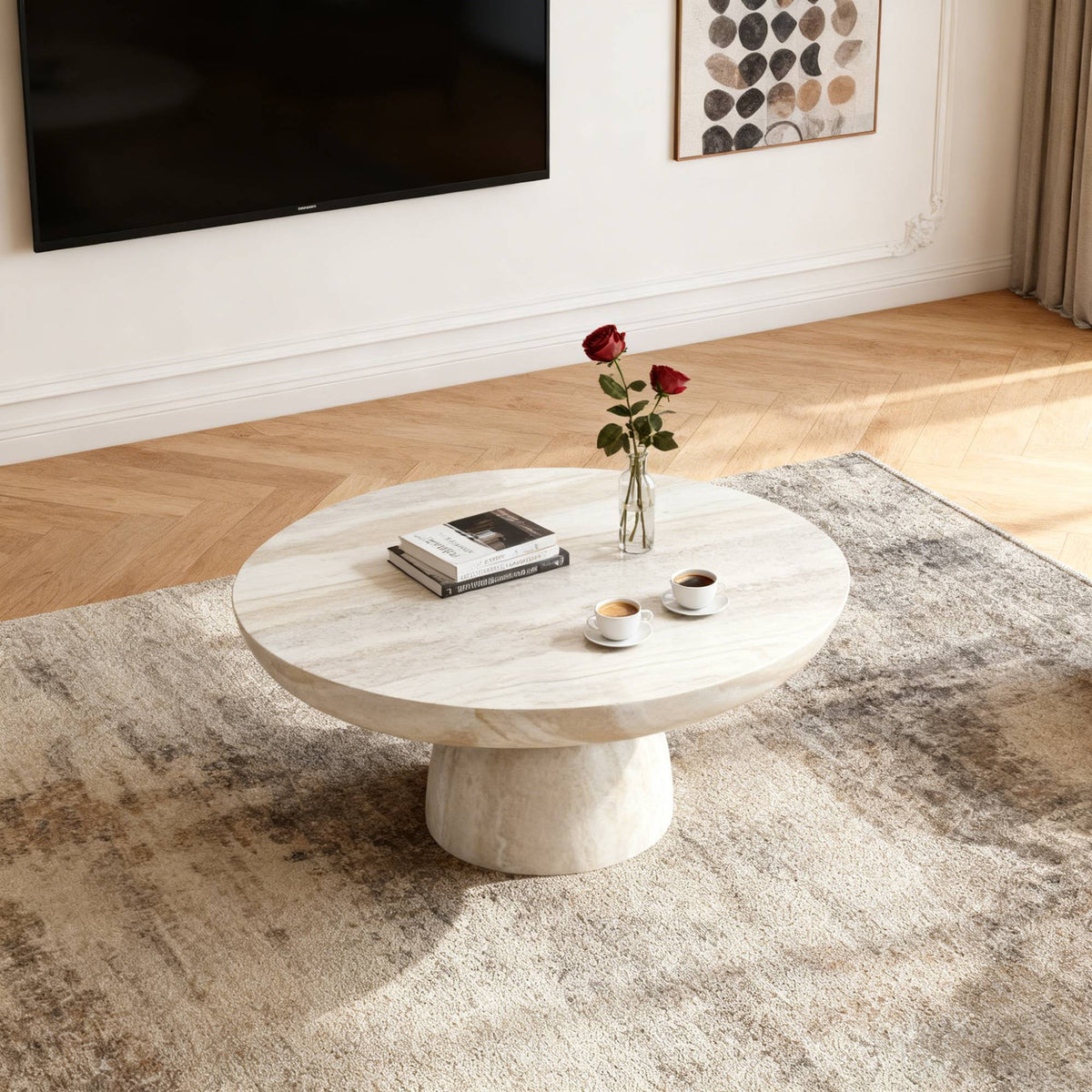 Mushroom Coffee Table, 31.5-Inch Round Fiberglass, Beige