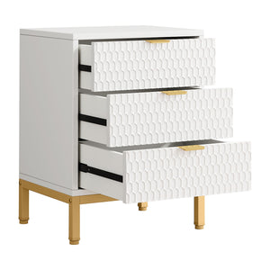 3 Drawer Nightstand With Hexagon Pattern, Storage Table For Living - White