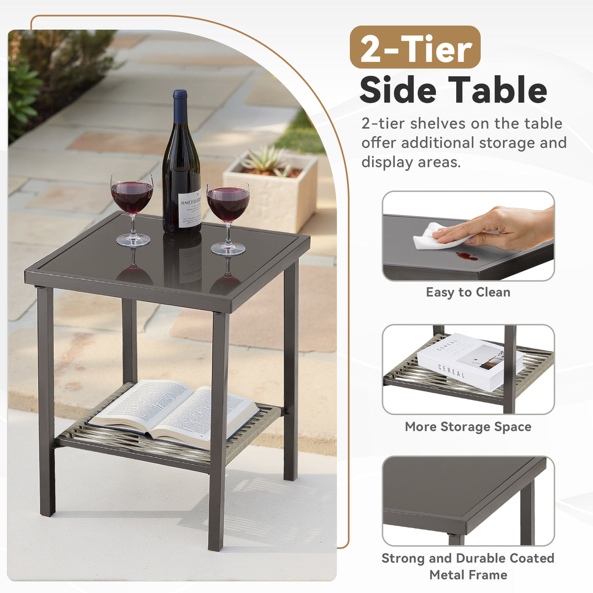 Outdoor Wicker Side Table 22x18x18 Inch All-Weather Rattan