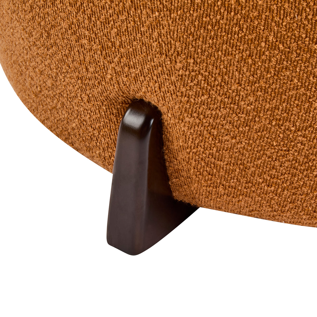 Modish Round Ottoman: Boucle Top with Splayed Rubber Wood Legs, Pumpkin