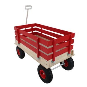Red Wooden Wagon Cart with Folding Handle