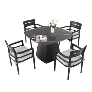 Outdoor Patio Dining Set, Squircle Dining Table, Dining Chairs With Sunbrella Cushions
