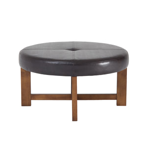 Round Leather Ottoman Coffee Table with Solid Wood Base