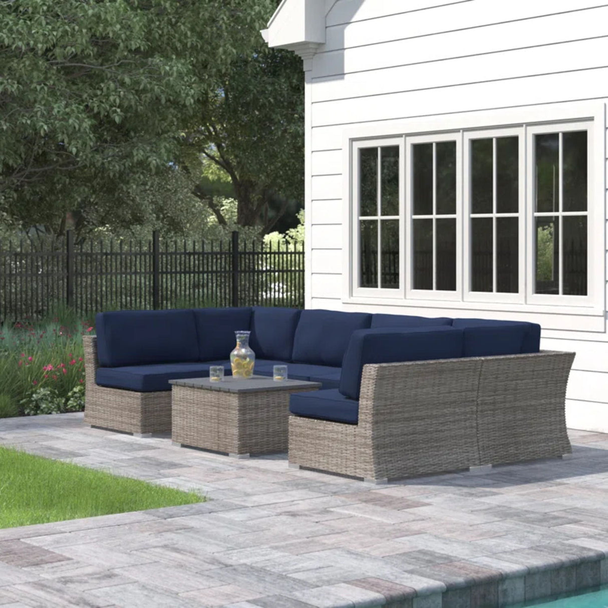 Wicker Sectional Sofa With Cushions And Table