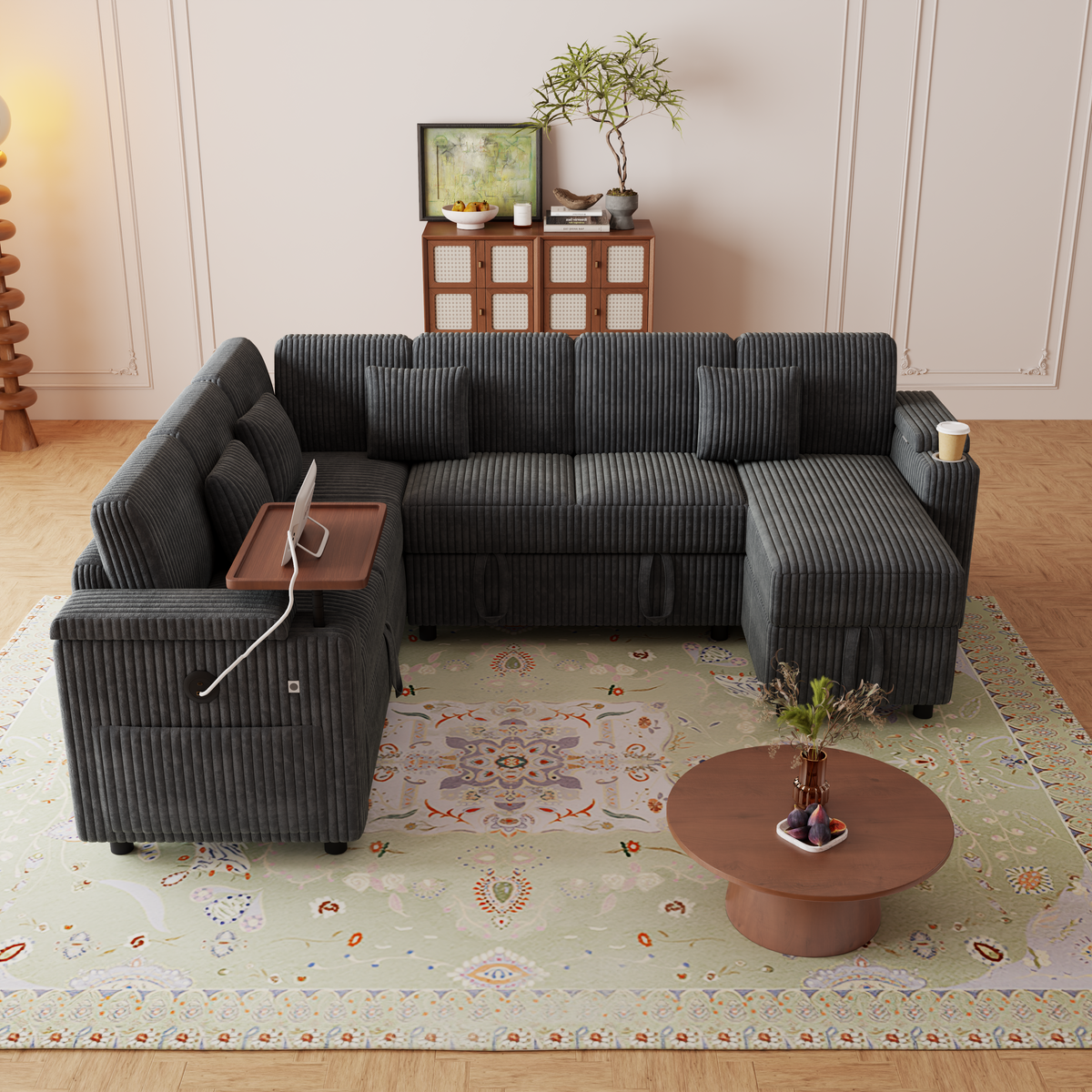 100-Inch Pull-Out Sofa with USB Ports and Cup Holder
