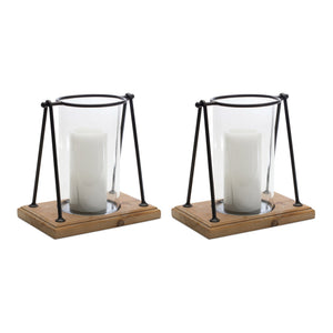 Modern Framed Candle Holder With Wood Base (Set of 2)