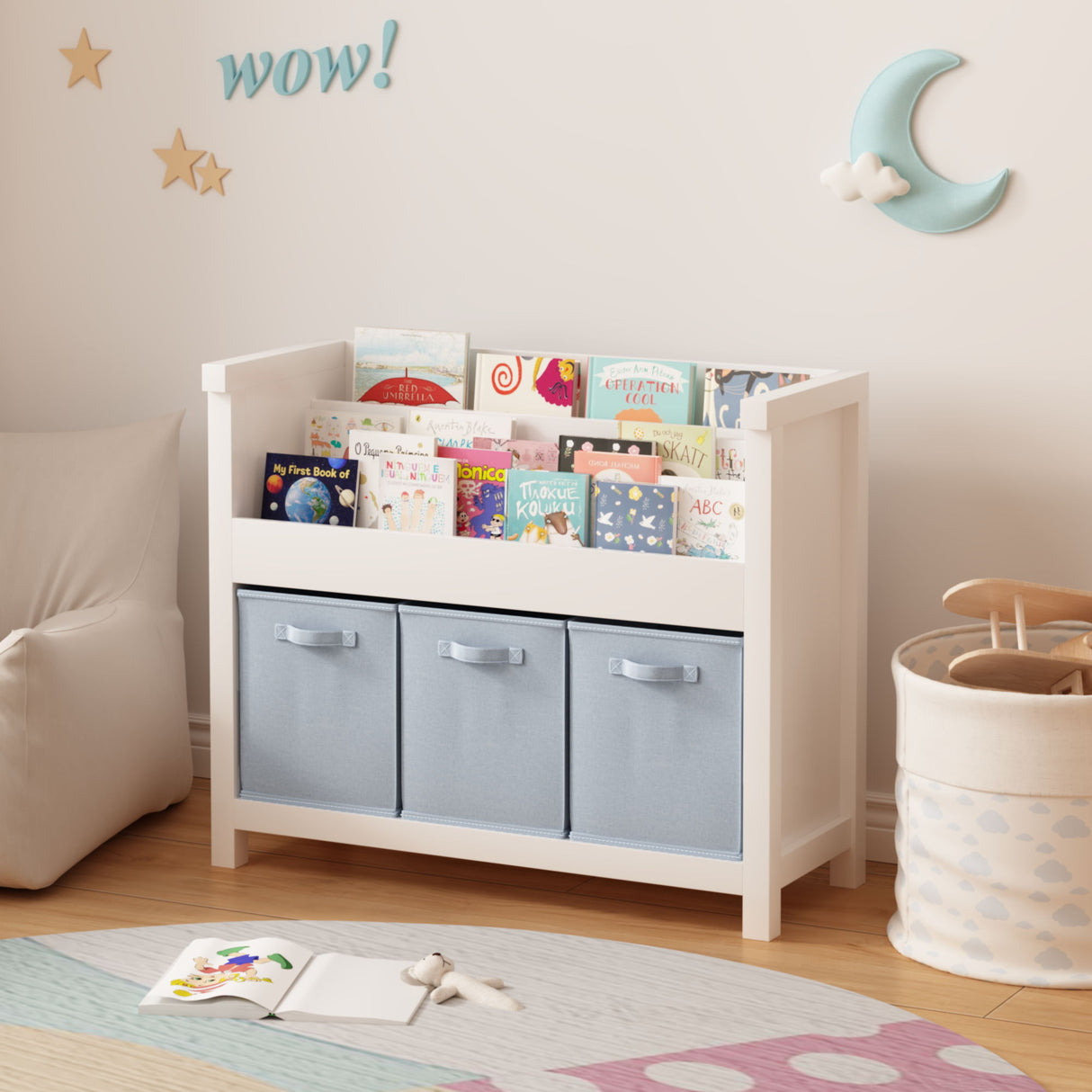 Bookshelf With 3 Tier Front Facing Storage And 3 Bins, Toddler Bookcase For Playroom - White