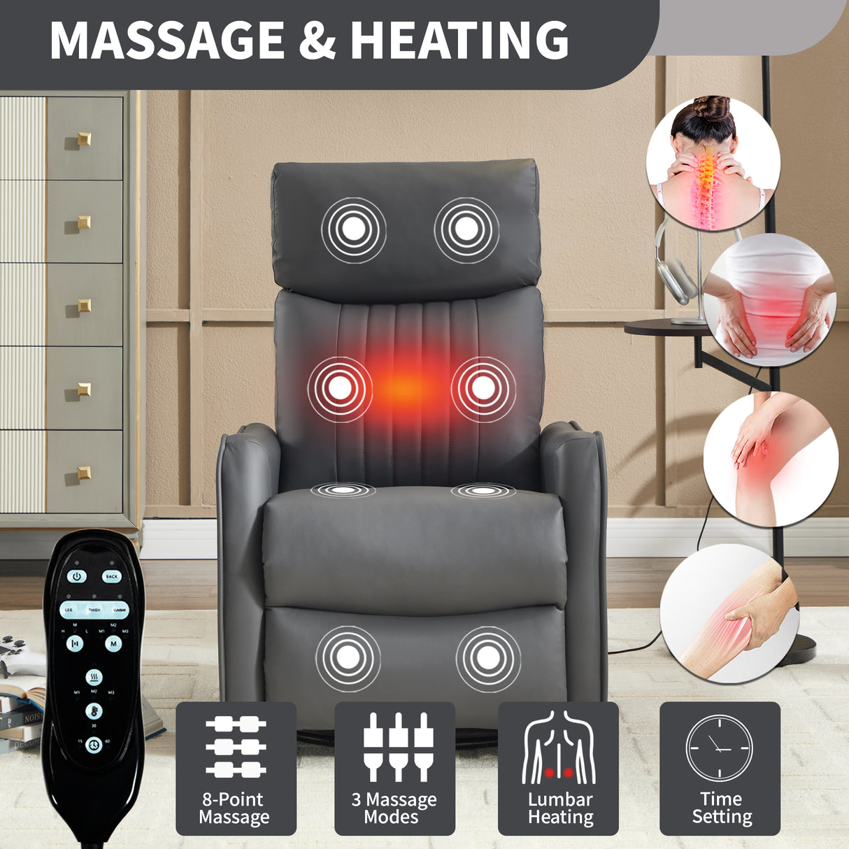 Grey Faux Leather Heat Massage Manual Recliner Chair with Rocker and Swivel