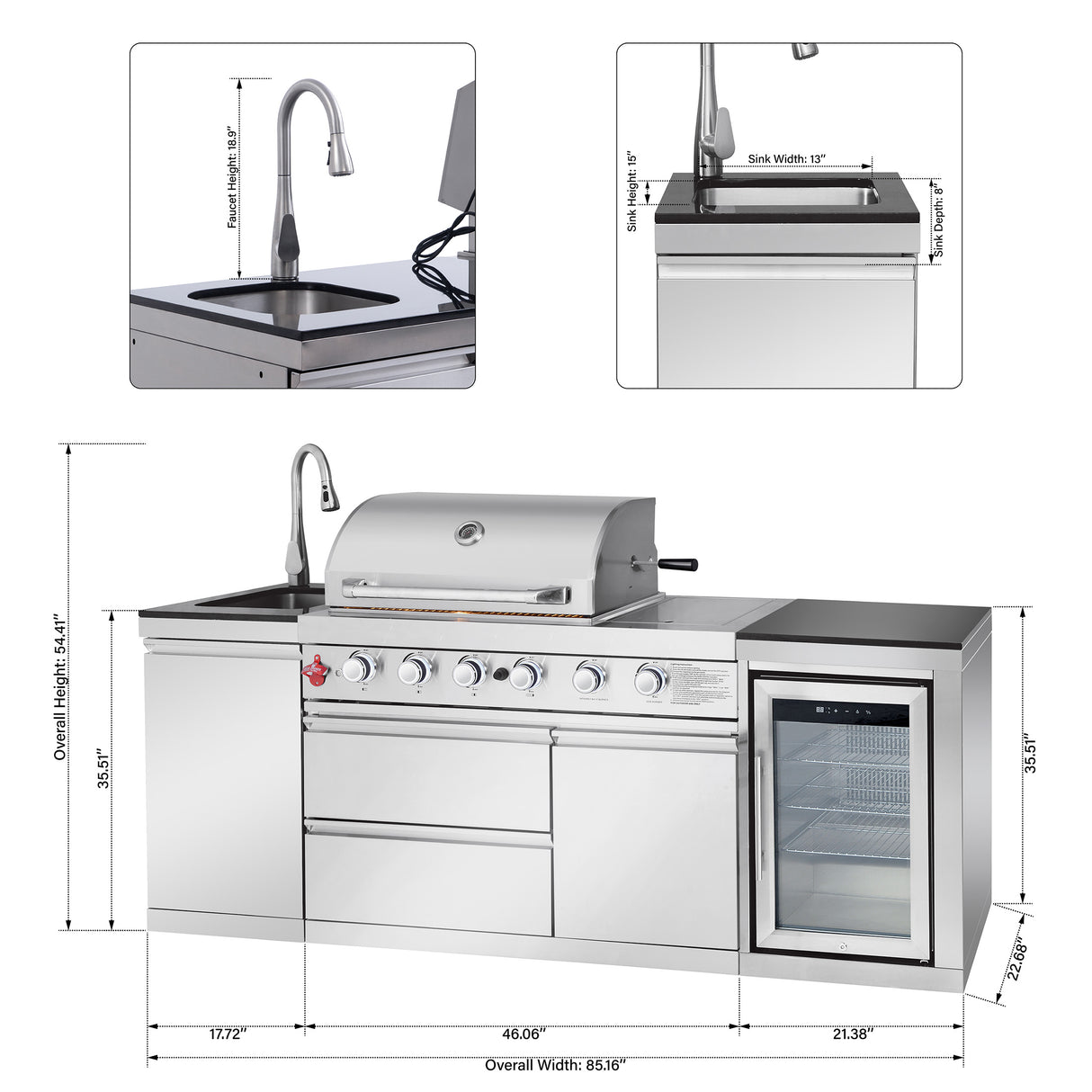 Outdoor Kitchen Island 85.2 Inch 4+1 Burner Propane Gas BBQ Grill 71500 BTU 304 Stainless Steel