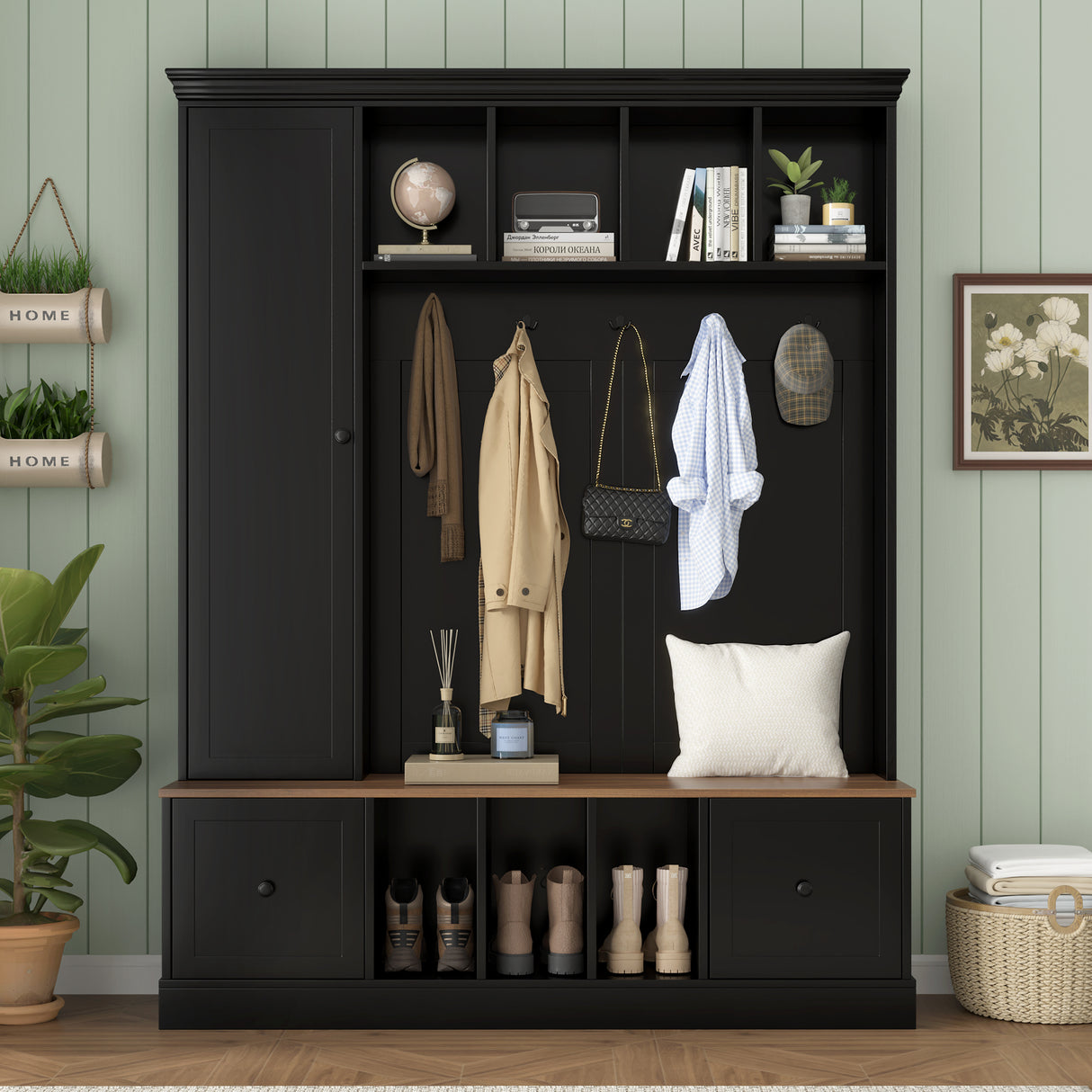 Vibe Haus 62.2'' Farmhouse Hall Tree with Shoe Storage Bench