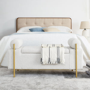 Elegant Upholstered Storage Bench With Cylindrical Arms And Iron Legs,