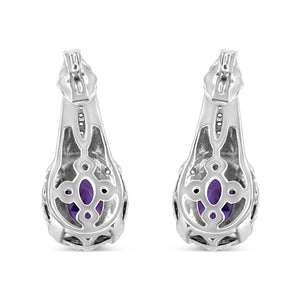 .925 Sterling Silver 8x6 MM Natural Oval Purple Amethyst Gemstone and Diamond Accent Art Deco Style Drop and Dangle Earrings (I-J Color, I1-I2 Clarity)