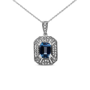 .925 Sterling Silver Blue Topaz and Diamond Accent Art Deco Style 18" Pendant Necklace (I-J Color, I1-I2 Clarity)
