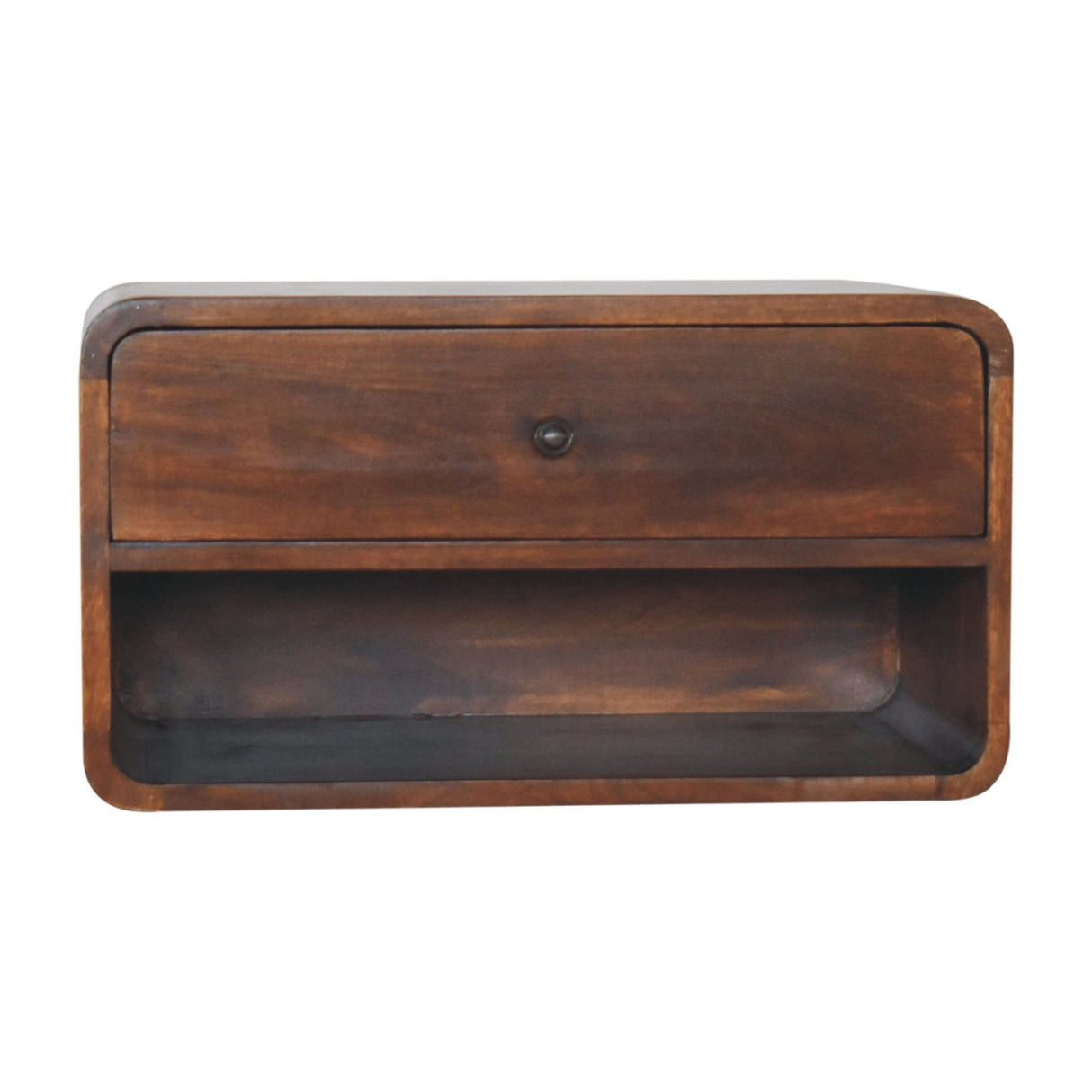 Solid Wood Large Curve Floating Bedside, 1-Drawer, 1 Open Slot, Chestnut